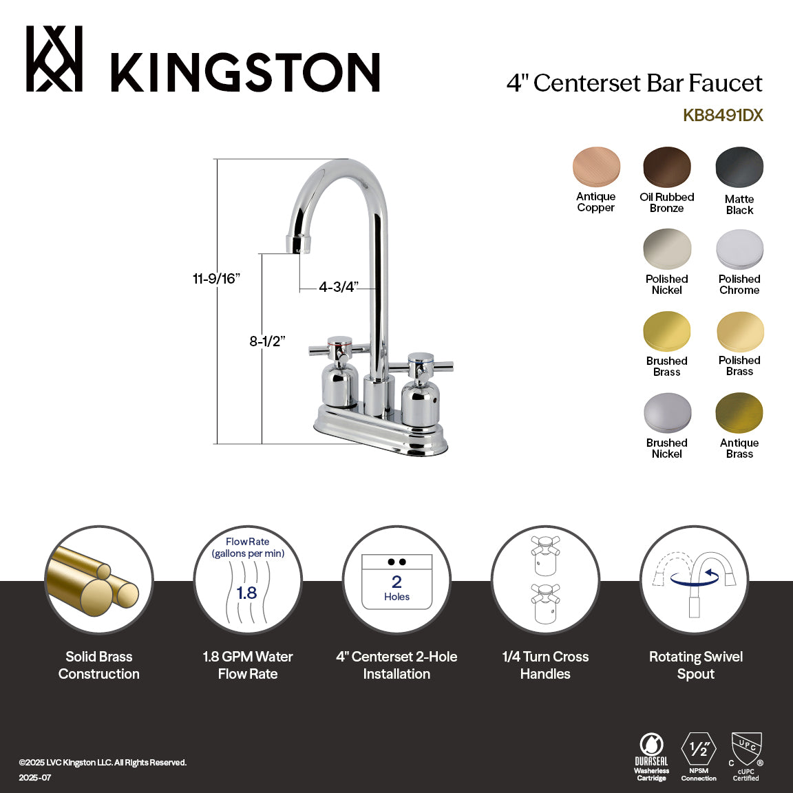 Kingston Tulare KB8490DX - Concord Two-Handle 2-Hole Deck Mount Bar Faucet, Matte Black — thumbnail 3